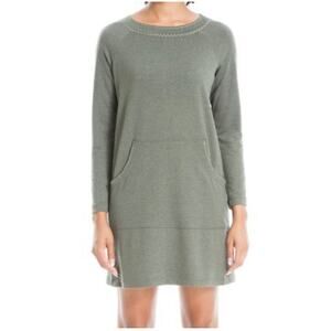 Max Studio French Terry Mini Dress Sz XS Army Green Crewneck Long Sleeves Casual